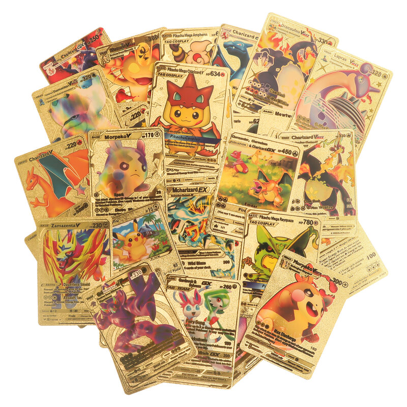 Po-Ke-Mons 골드 카드 포켓트 동물 전투 몬스터 금박 게임 카드, Pi-Ka-Chu 골드 플라스틱 지폐 수집 선물, 어린이 장난감