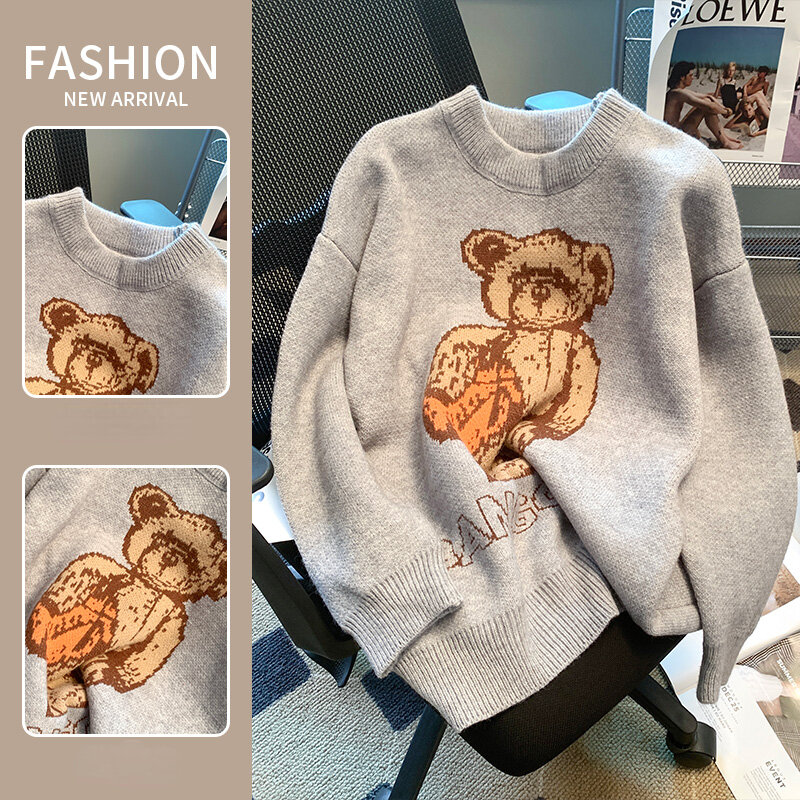 Suéter grueso Harajuku para mujer, jersey de manga larga con estampado de oso de dibujos animados y Jacquard, Jersey de punto con cuello redondo, informal, holgado y suave, Invierno