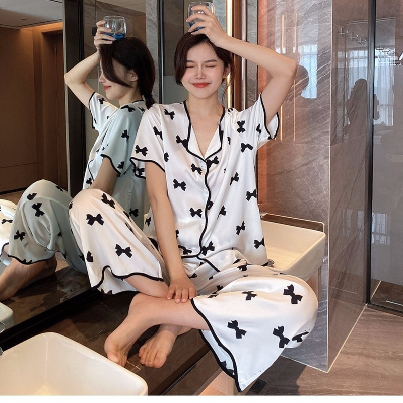 XEJ Bogen Druck Pijama Kawaii Nachtwäsche Frauen Sommer Frauen Pyjamas Homewear Frauen Nette Tops Kurze Pyjamas für Frauen Nachtwäsche