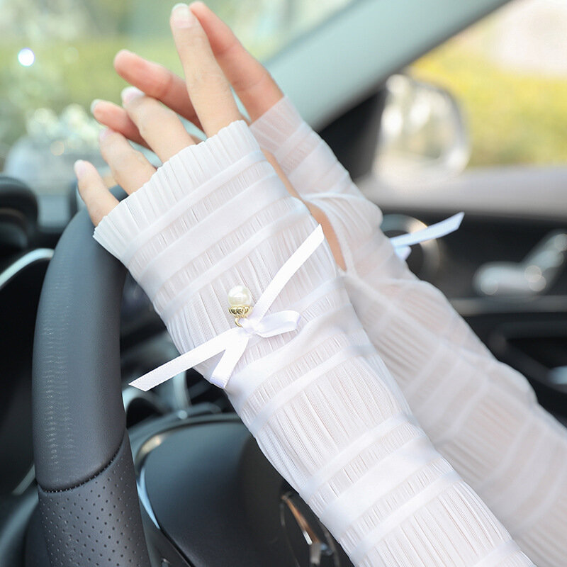 Summer Sunscreen Long Length Ice Silk Sleeve Women Lace Sleeves Gloves Driving Bicycles UV Protection Arm Gloves Outdoor