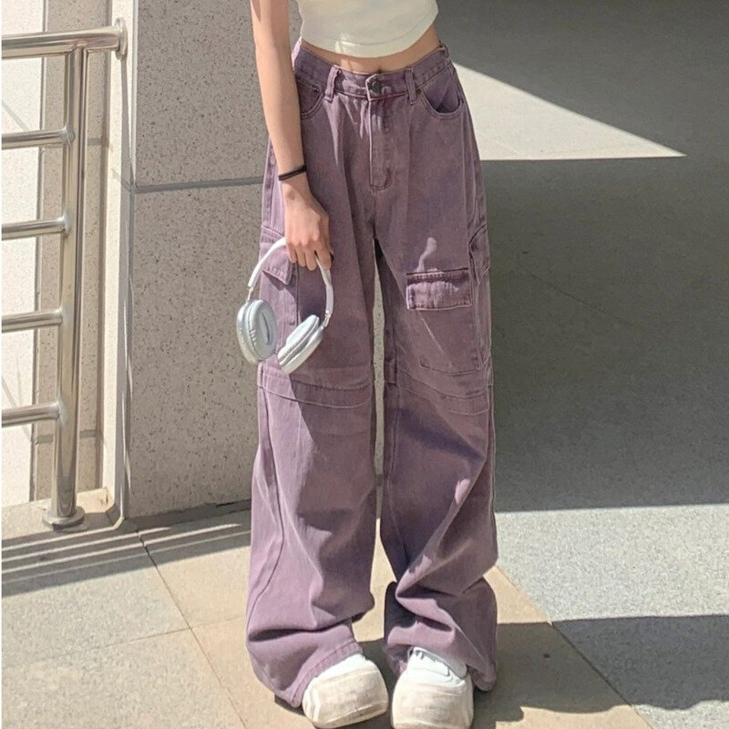 Oversize fioletowy dżinsy Cargo pracy koreański kobiet wiosna lato wysokiej talii luźne szerokie nogawki workowate spodnie Harajuku spodnie w stylu Vintage
