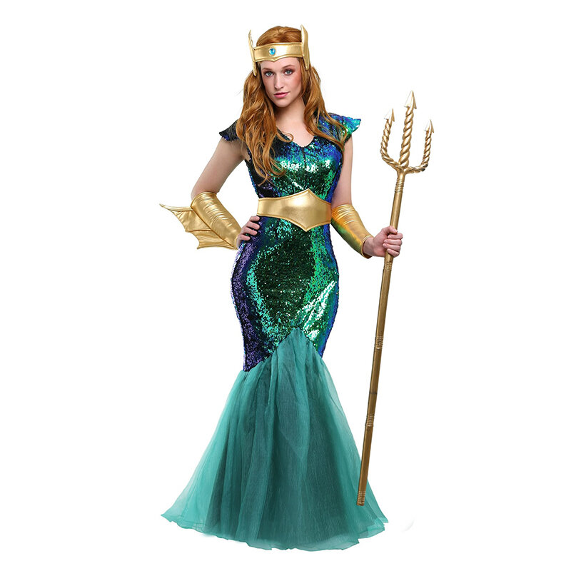 Disfraz de Poseidón de dios griego para hombre y mujer, traje de sirena de mar, reina de sirena, traje de pareja de Halloween