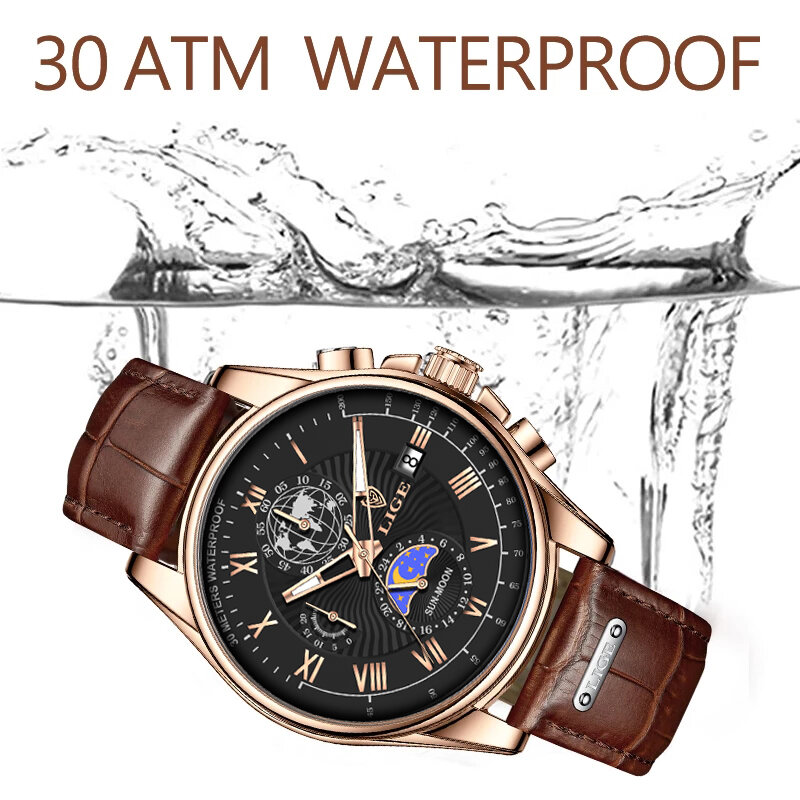 LIGE  Big Dial Leather Army Mens Watches Luxury Sport Waterproof Watch Man Chronograph Quartz WristWatches Montre Homme+Box