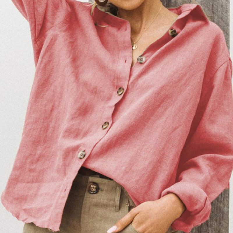 Camiseta de manga larga para otoño, Camisa de algodón y lino con botones, cuello vuelto, suelta, Vintage, 1 unidad
