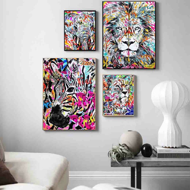 Peinture sur toile avec animaux, Graffiti, art mural abstrait, lion, orang-outan, éléphant, affiche, bureau, salon, maison, décoration murale