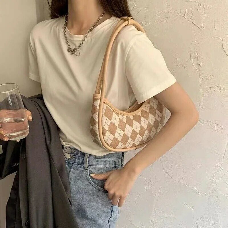 Xiuya-트렌디 롤 캔버스 가방 여성용, 한국 스타일 겨드랑이 핸드백 아가일 체크 프린트 캐주얼 가을 2022 지퍼 가방