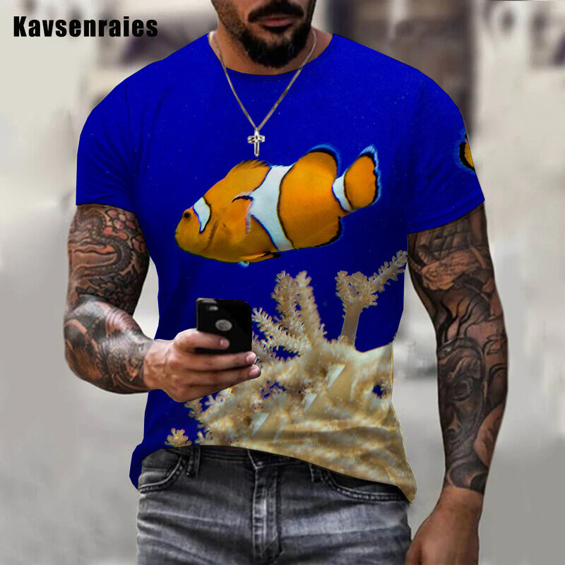 Футболка унисекс с 3D-принтом рыбок и животных, летняя модная повседневная футболка большого размера с коротким рукавом, уличная одежда в ст...