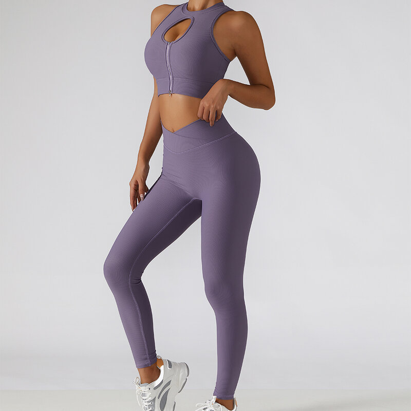 Chest Zipper Yoga Suit Women's Tracksuits Seamless Gym Workout Clothes 2 PCS Sexy Sportswear High Waist Leggings Bra Sports Set