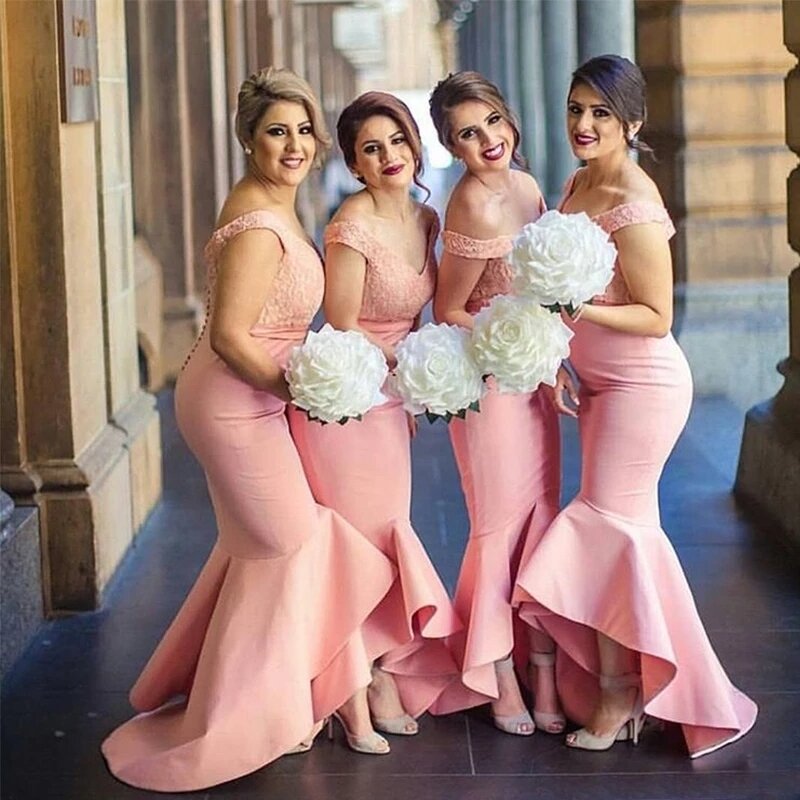 Gaun Pengiring Pengantin Merah Muda Kerah V Seksi 2022 Gaun Pesta Pernikahan Applique Renda Putri Duyung Gaun Pembantu Panjang Selantai Dibuat Sesuai Pesanan
