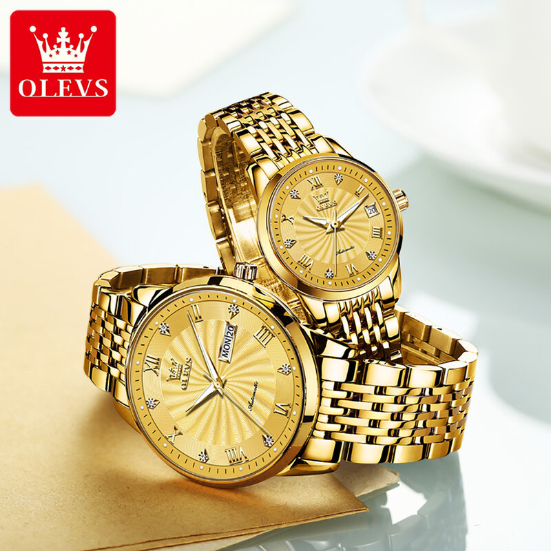 OLEVS แฟชั่นอัตโนมัติเต็มรูปแบบนาฬิกาข้อมือคู่สายสเตนเลสกันน้ำอัตโนมัตินาฬิกาคู่