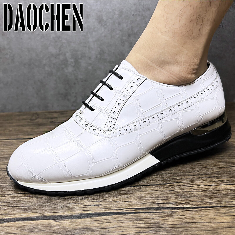 Chaussures en cuir blanc imprimé Crocodile pour hommes, chaussures de sport décontractées à lacets, à la mode, pour mariage, quotidien, fête