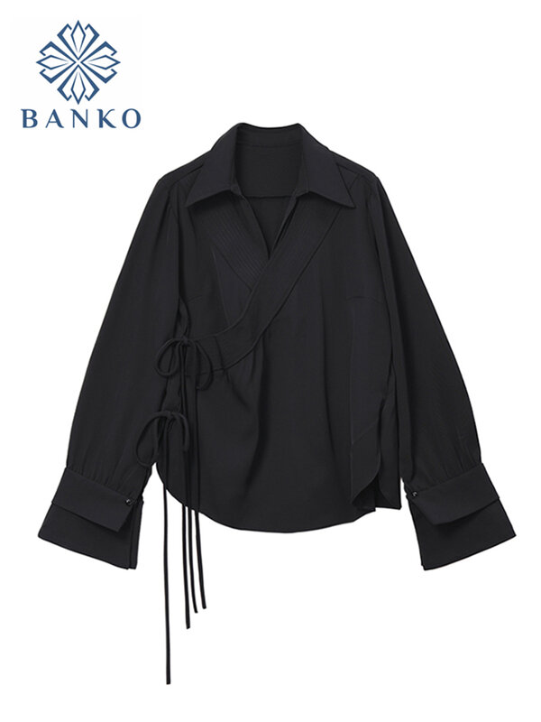 Blusa holgada de estilo coreano para mujer, Camisa lisa y sencilla, informal, con solapa, básica, color negro, para primavera
