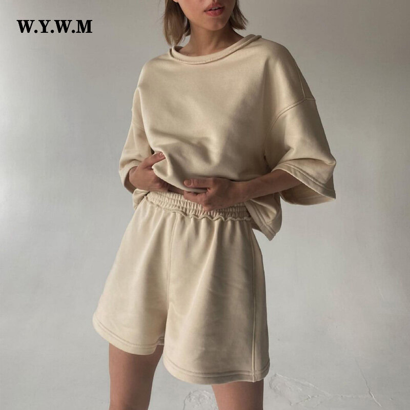 WYWM Summer Cotton Sets Women 2022 New Two Pieces Loose Solid T Shirts and Elastic Waist Shorts Pants Suit Casual Soft Tracksuit