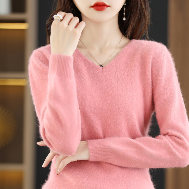 플랫 v 넥 밍크 캐시미어 스웨터 여성용, 느슨한 풀오버, 가을 및 겨울, 통근, 기본 니트웨어, 상의 베이스, 2022