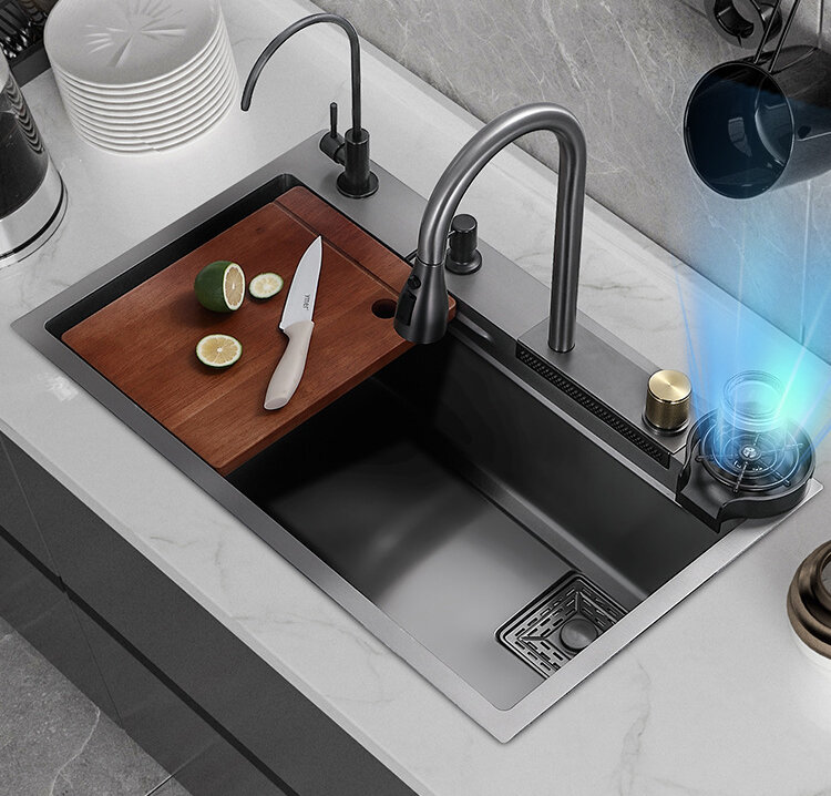 Modern Nanometer Sink Kitchen 304 Stainless Steel Waterfall Kitchen Sink with Waterfall Faucet with