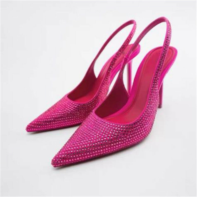 2022 Summer New Rhinestone Single Shoes Women Brethable Fashion Pointed Toe High Heels Sexy Stiletto Muller Sandals Pumps