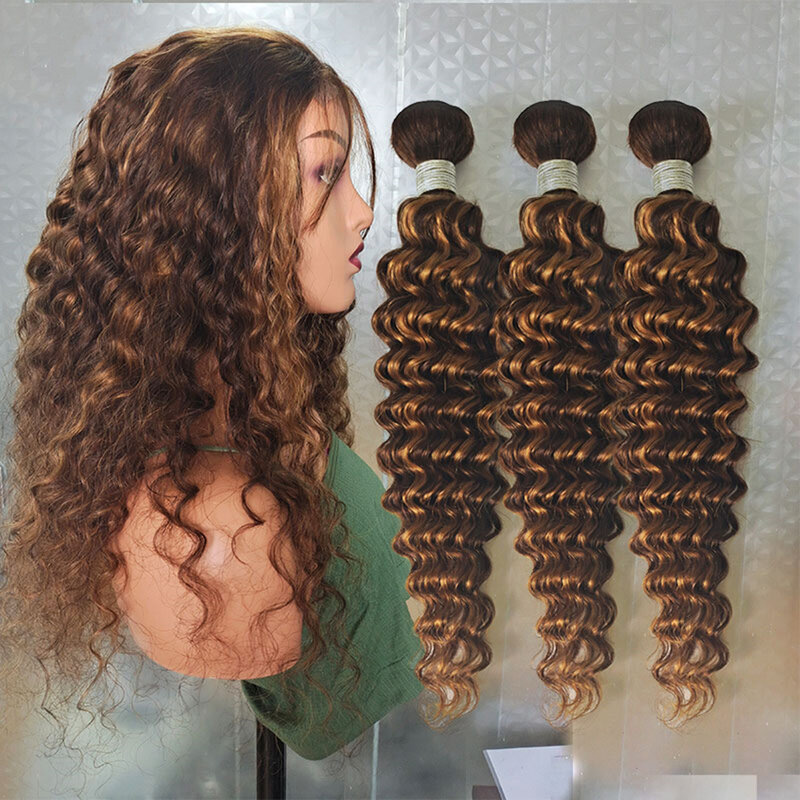 30 32 Inches P4/27 Highlight Deep Wave Bundles Ombre Human Hair Bundles Extensions Blonde Brazilian Weave 1 3 4pcs Remy 10A Hair