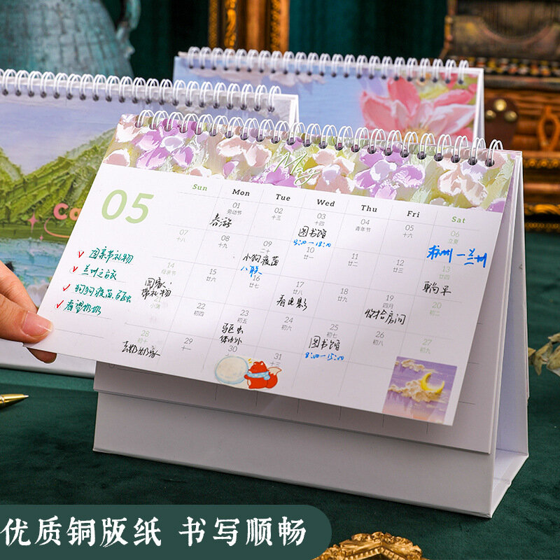 2023 Creative Korean Style Fresh Desktop Schedule Calendar Student Office Decoration Flower Painting Desk Calendar