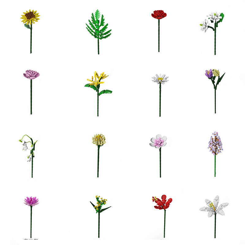 Moc-bloques de construcción de plantas y ramos de flores para niñas, conjunto de bloques de construcción de girasol, rosa, Narciso, tulipán, lila, Margarita, loto, Clavel
