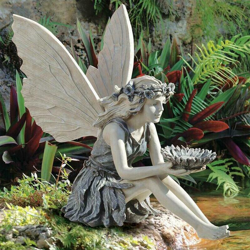 Wonderland Flower Fairy Statue Garden Decoration Angel Statue Resin Angel Outdoor Decoratio Wing Sitting Figurines Ornament Y9F5