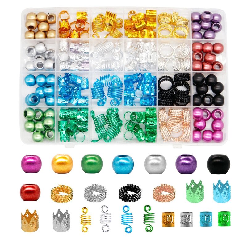 216pcs/Box Hair Beads for Deadlocks Plastic Hair Cuffs Multi Color Metal Cuffs Braiding Hair Beads DIY Hair Decorations