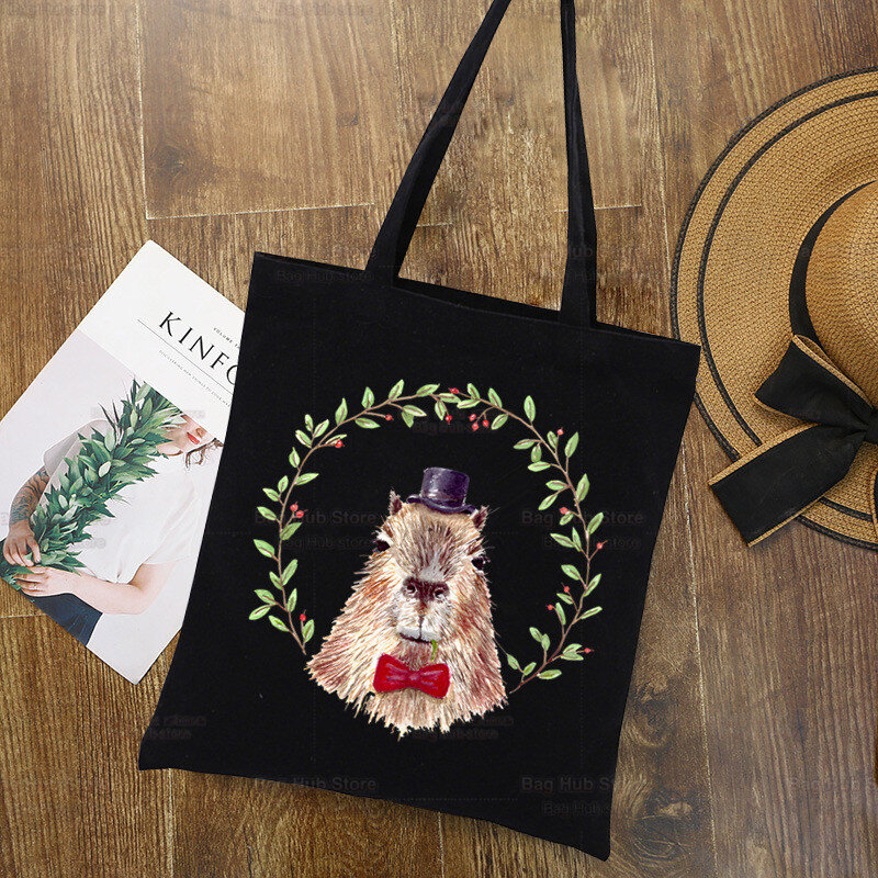 Capibara Cute Animal Cartoon Tote Bag personalizzata Shopping Design originale borse di tela da viaggio Unisex nere Eco borsa Shopper pieghevole