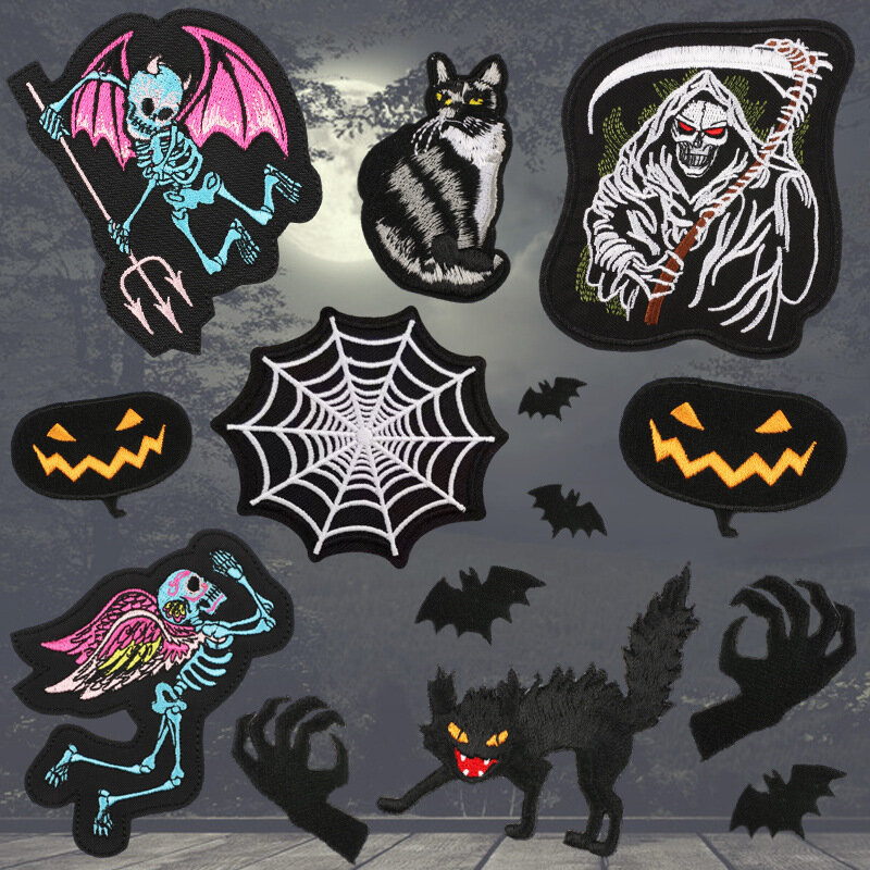 Parche de hierro para ropa de Halloween, Parche de planchado bordado de tela de araña, murciélago, demonio, cabeza de calabaza, fantasma, garra, insignia para Decoración