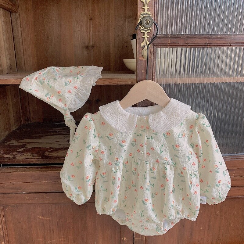 Setelan Baju Bayi Perempuan Baru Lahir Musim Gugur Atasan + Topi Bayi Motif Bunga Pakaian Anak Perempuan Bayi 2 Potong Baju Monyet Bayi Berenda Vintage