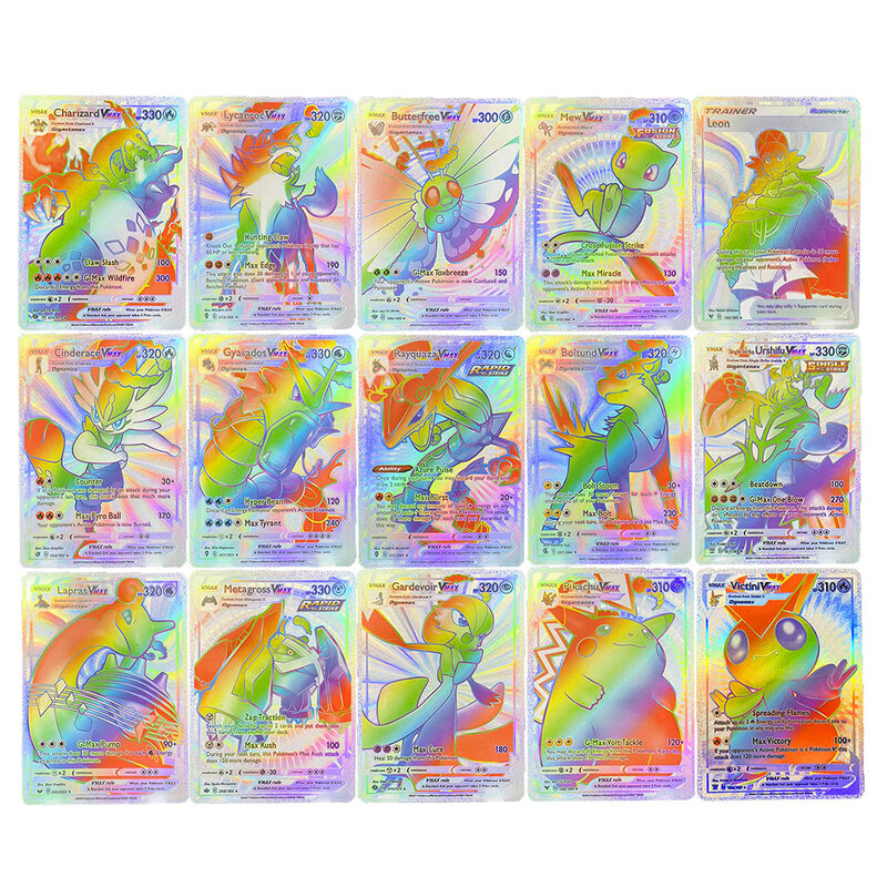 Pokemon metal tira de ouro flash arco-íris cartões inglês espanha pikachu charizard vmax hobbies raros coleção batalha treinador meninos