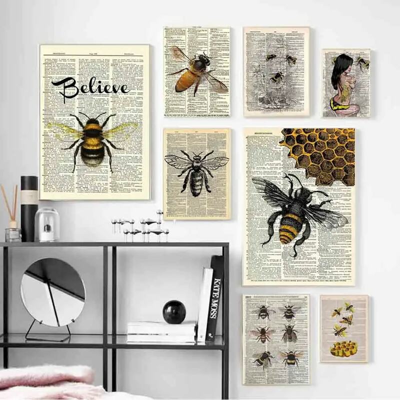 Retro Art แมลงการพิมพ์ภาพวาดผ้าใบหนังสือ Wasp Wall Art โปสเตอร์ห้องนั่งเล่น Corridor หน้าแรกตกแต่งภาพจิตรกรรม...