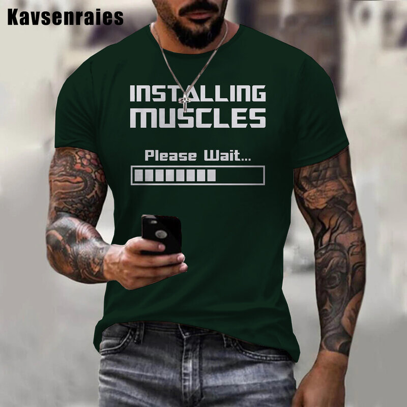 Alta qualidade instalando músculos por favor aguarde barra de carga 3d impressão t camisa das mulheres dos homens roupas casuais verão fitness manga curta