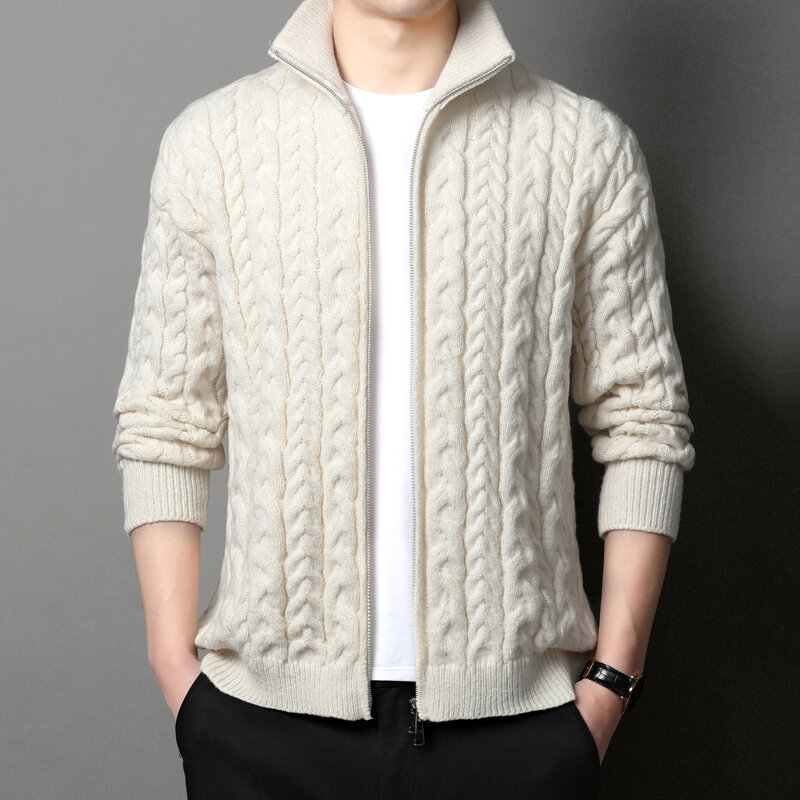 Cardigan Men's Sweater Spring and Autumn Japanese and Korean Style Vintage Jacquard Stand Collar Sweater Zipper Casual Coat