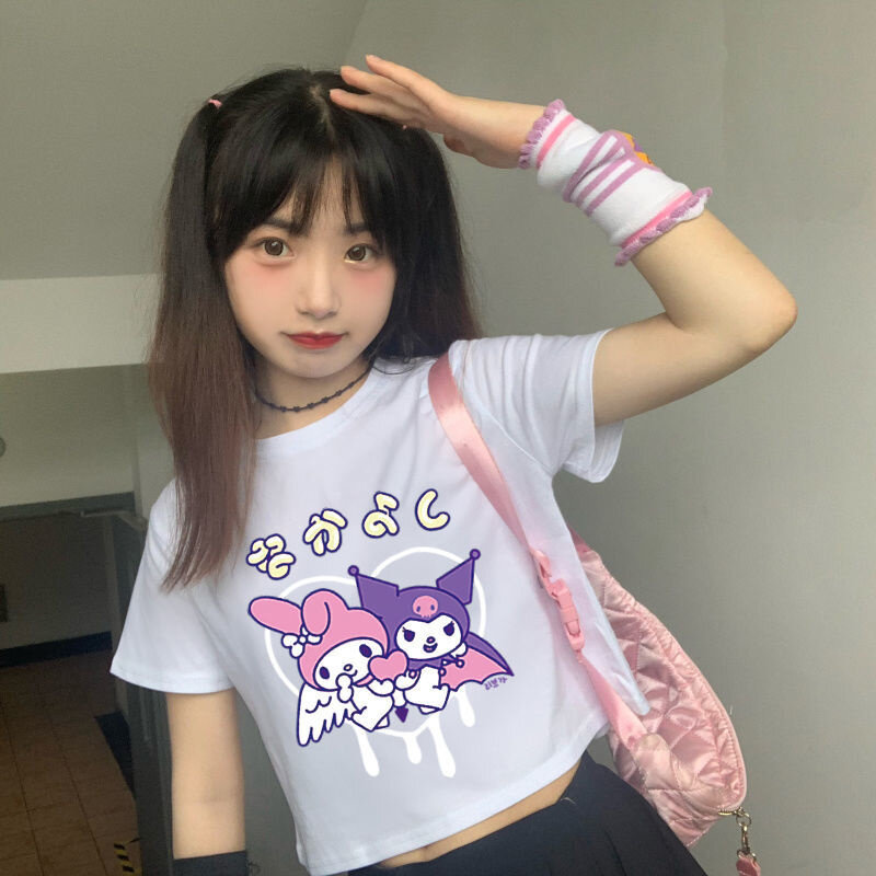 Kuromi Fashion Streetwear Kaus Lengan Pendek Pakaian Kawaii Longgar Kasual Musim Panas Wanita untuk T Shirt Lucu Gaya Harajuku Gadis Y2k