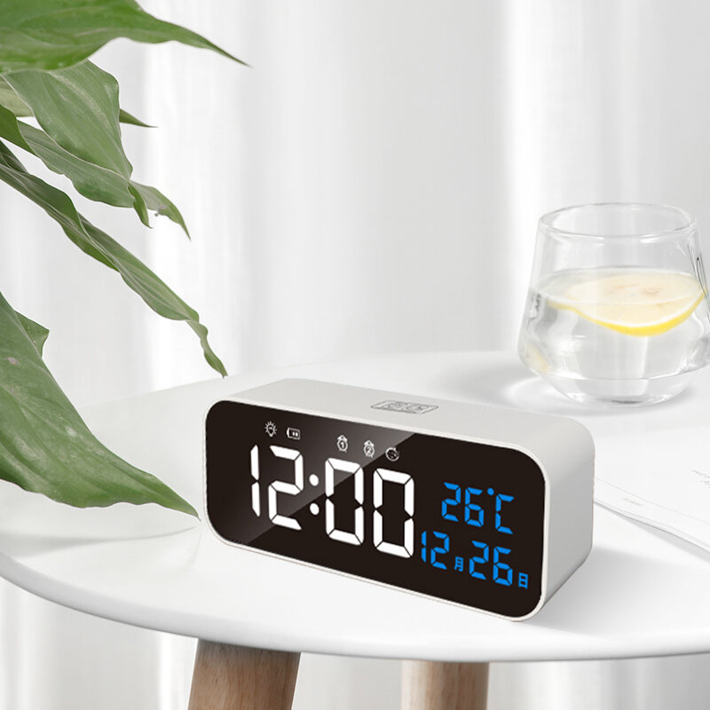 TIMESS 2022 اللاسلكية مرآة ساعة تنبيه LED مع التحكم الصوتي درجة الحرارة الرطوبة غفوة USB قابلة للشحن الموسيقى ساعة الطاولة