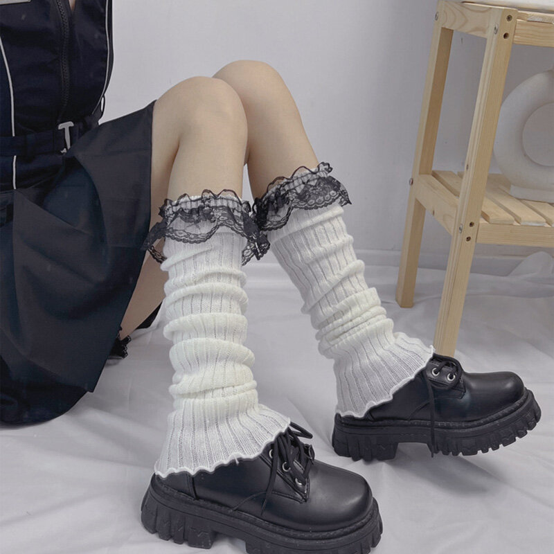 Jk Women Leg Warmers Knitted Woolen Leg Cover Japanese Harajuku Striped Mid-Calf Socks Women Leg Warmer Lolita Crochet Knee Sock