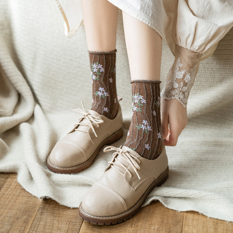 2 par coreano moda notícias estampa floral feminino meias harajuku streetwear vintage tripulação meias kawaii japonês bonito algodão longo meia