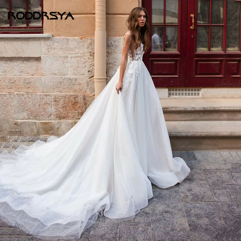 Rodrsya – Robe De mariée ligne a dos nu, sans manches, en dentelle, scintillante, Tulle, avec traîne