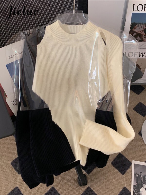 Jielur-女性のためのシックなセーター,シンプルな韓国のセーター,ヒットカラー,長袖,ゆったりとしたセーター,黒と白,新しい秋の透かし彫りカジュアルセーター