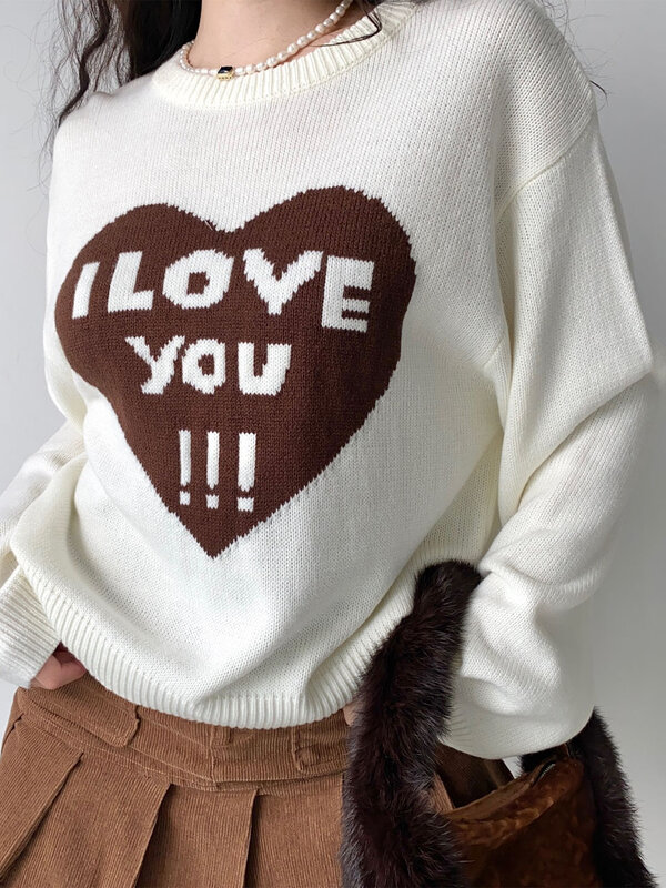 Heart I LOVE YOU Graphics Sweater Women Letter Hip Hop Loose Casual Pullover Autumn Lazy Wind Long Sleeve Knitted Sweater Female