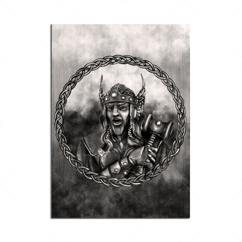 Affiche murale de décoration artistique, symboles de Valknut, corbeaux et loup, cerf, arbre de vie, la lance de Gunnir d'odin, Thor, boussole Viking