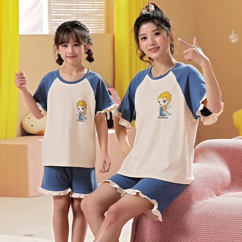 Pakaian keluarga yang cocok dengan pakaian ibu anak perempuan musim panas mode Korea setelan rumah piyama pakaian tidur lembut keren ibu dan anak perempuan
