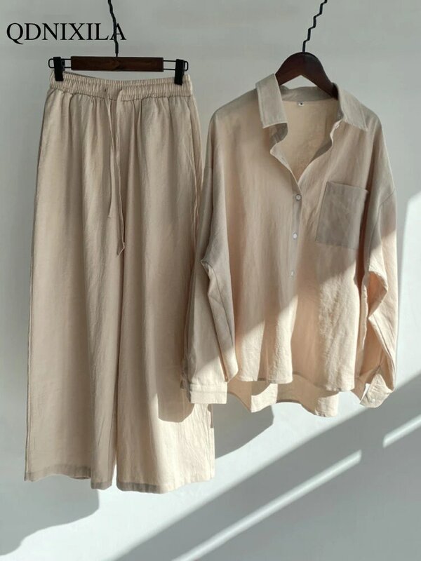 2022 Summer Autumn Cotton Linen Women's 2 Piece Sets Outfits Vintage Elegant Casual Oversized Loose Shirts Blouses and Pants Set