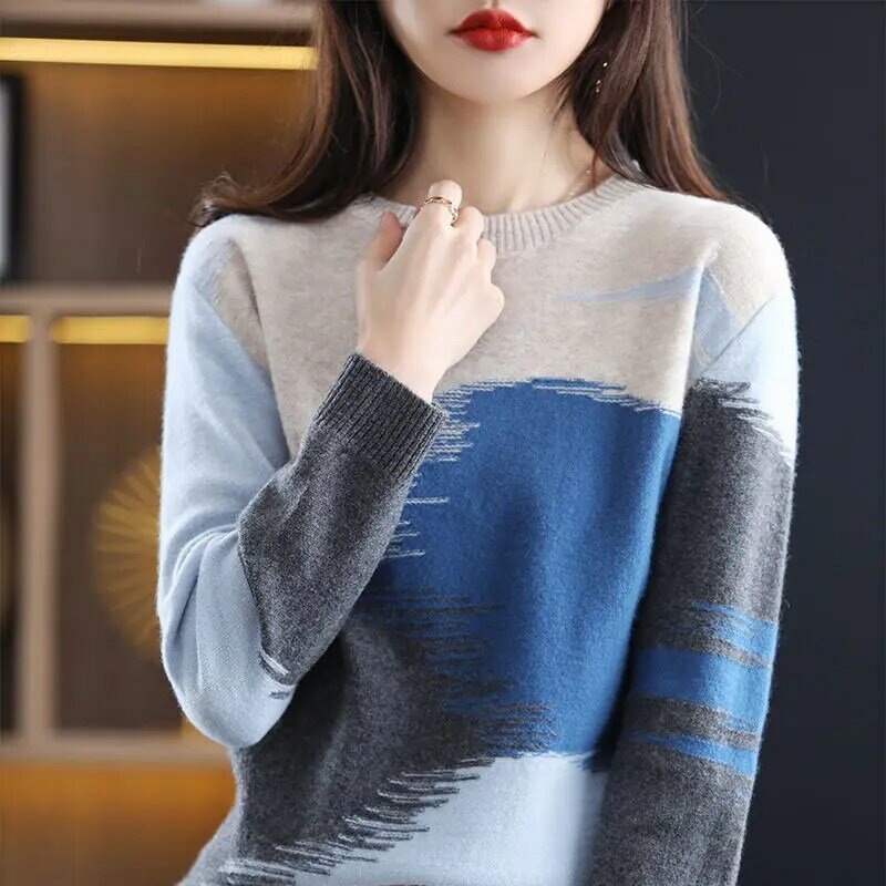 Color blocked round neck sweater women's loose 2022 spring long sleeve new top blue Korean Pullover bottomed sweater