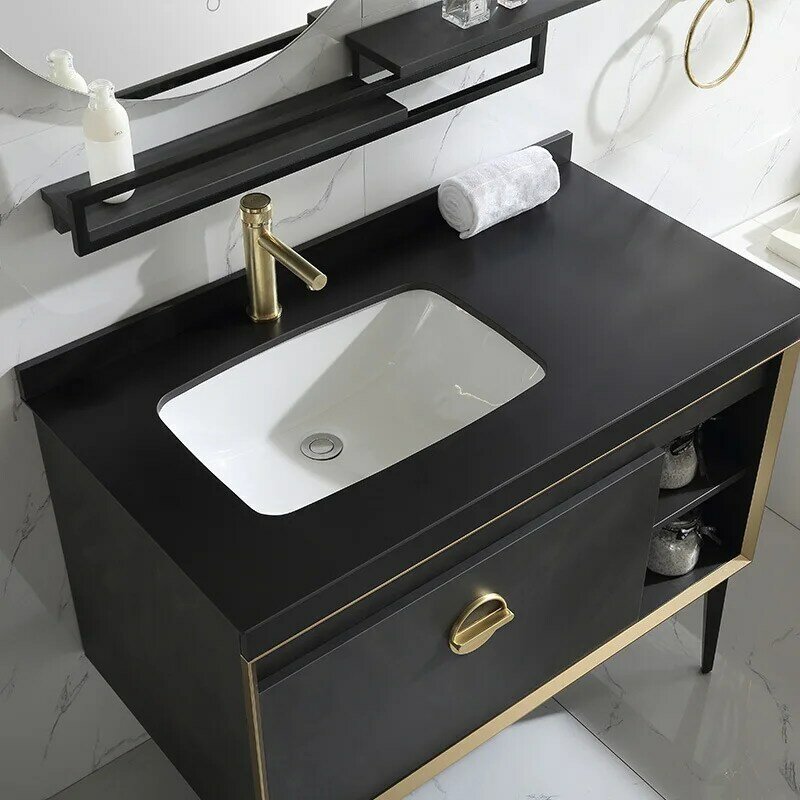 Mueble de baño de lujo con espejo inteligente, mueble para el hogar, accesorio de baño negro con fregadero