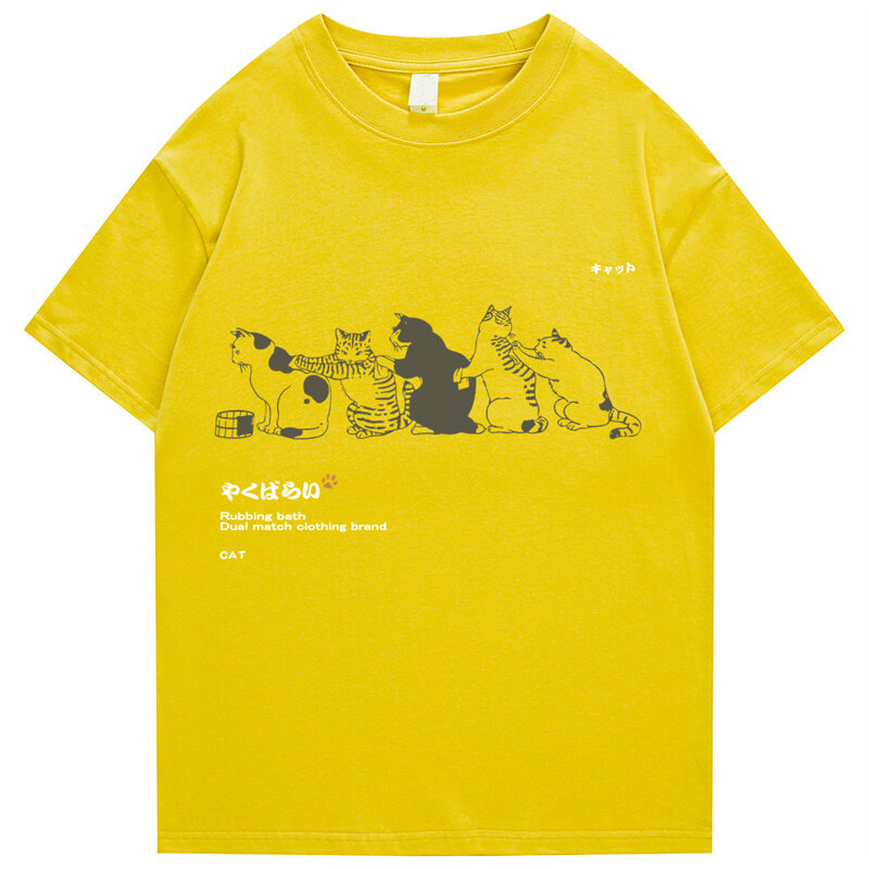 2022 Camiseta Masculina Hip-Hop Estilo Rua คันจิ Harajuku Engraçado Gato Camiseta Verão มังงะ Curta Camiseta Algodão Estampado