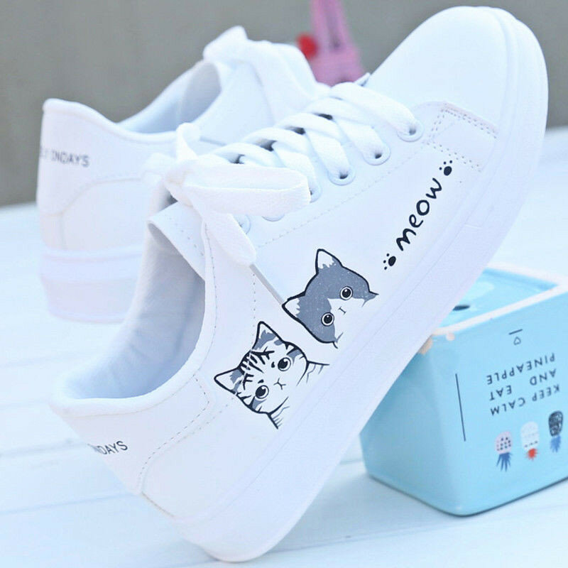 2020 nova chegada da moda rendas-up das sapatilhas das mulheres sapatos casuais impresso verão feminino pu sapatos bonito gato lona sapatos