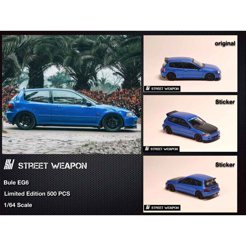 Arma de rua sw 1:64 civic tipo r colher eg6 etiqueta azul galvaniza liga diorama carro modelo coleção carros em miniatura brinquedos