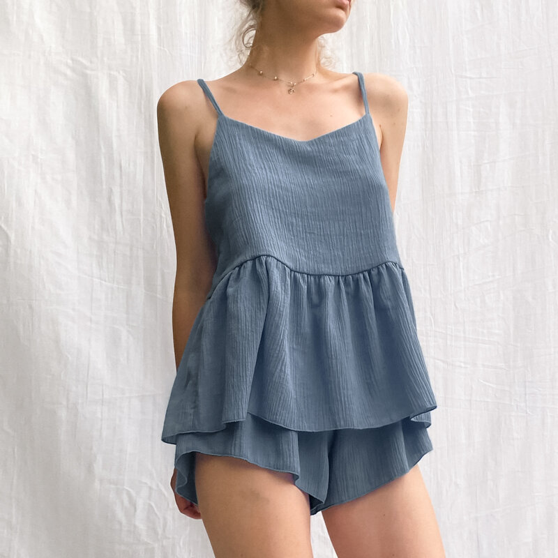 2022 여름 프랑스 패션 슬링 v-넥 잠옷 반바지 투피스 자카드 솔리드 컬러 느슨한 숙녀 Homewear
