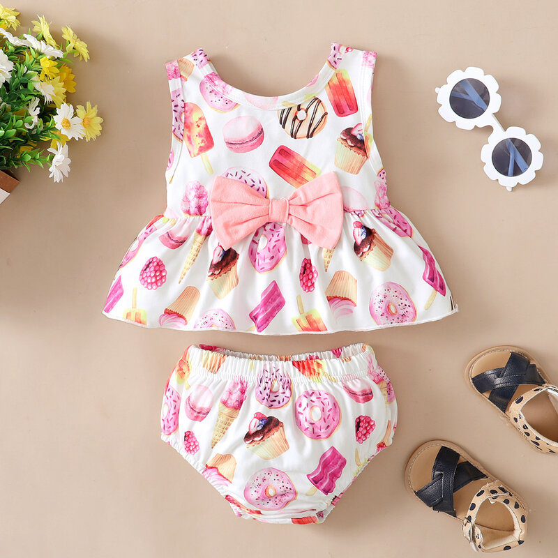 Hibobi – ensemble de vêtements pour bébé fille, 2 pièces, haut à motif alimentaire pastèque et Short à nœud décoratif, tenue d'été à manches courtes