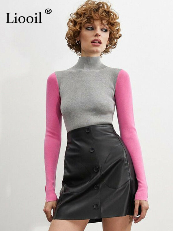 Sweter Rajut Blok Warna Atasan Rajut Bodycon Lengan Panjang Jumper Pullover Musim Gugur Musim Dingin Kerah O Sweter Seksi Streetwear Wanita
